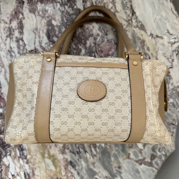 Gucci Handbags - Vintage Gucci GG Monogram Boston Bag Tan Leather Trim top handle FLAW